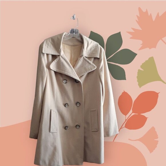 Vintage Mid Century Double Breasted Coat Beige Pea Coat Style USA Union Made L - Picture 5 of 12